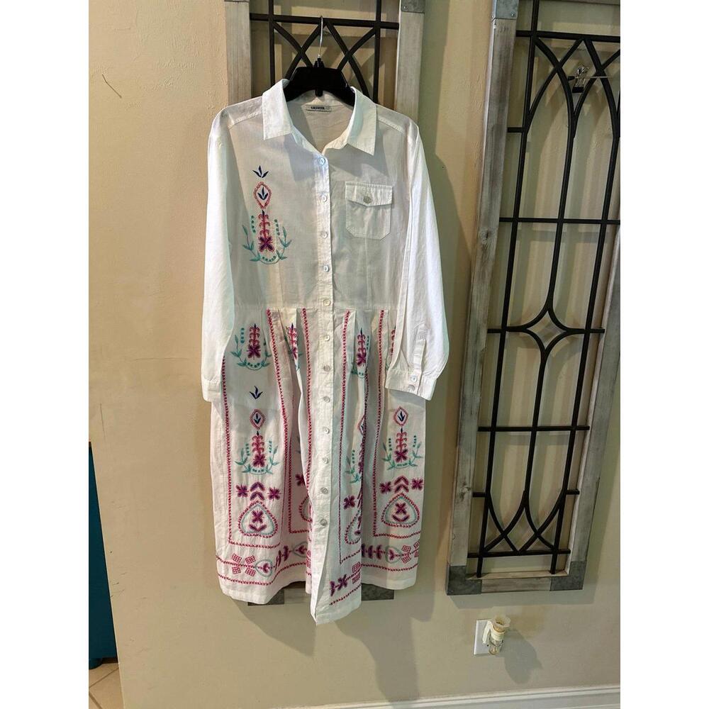 V. DE VINSTER Maxi Dress White Embroidery XL 100% Cotton Resort Wear Cruise Wear